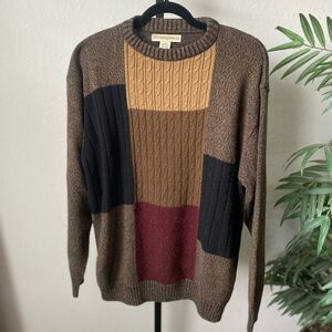 Brown and Black Crewneck Sweater with Color-Block Design